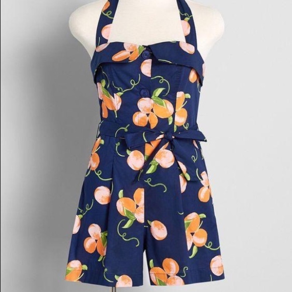 ModCloth Era Peach Print Navy Blue 1950s inspired retro play suit romper